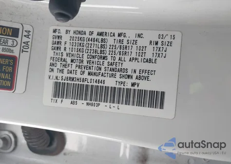 2015 Honda Cr-V Ex из США, поврежденный, VIN 5J6RM3H58FL014646